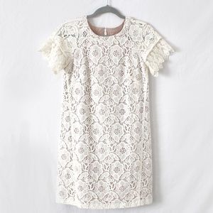 Shift White Floral Dress with Lace Sleeves